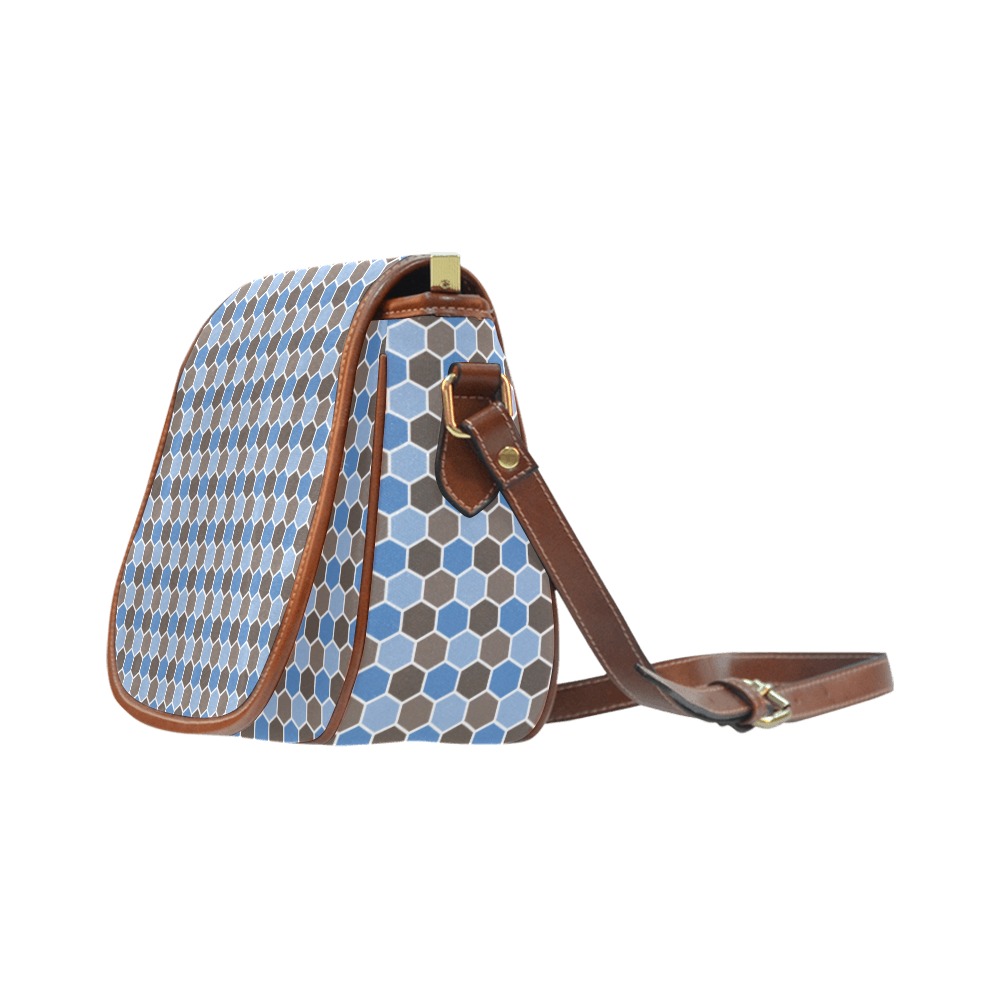 Chocolate Brown and Blue Hexagon Pattern Saddle Bag/Large (Model 1649)