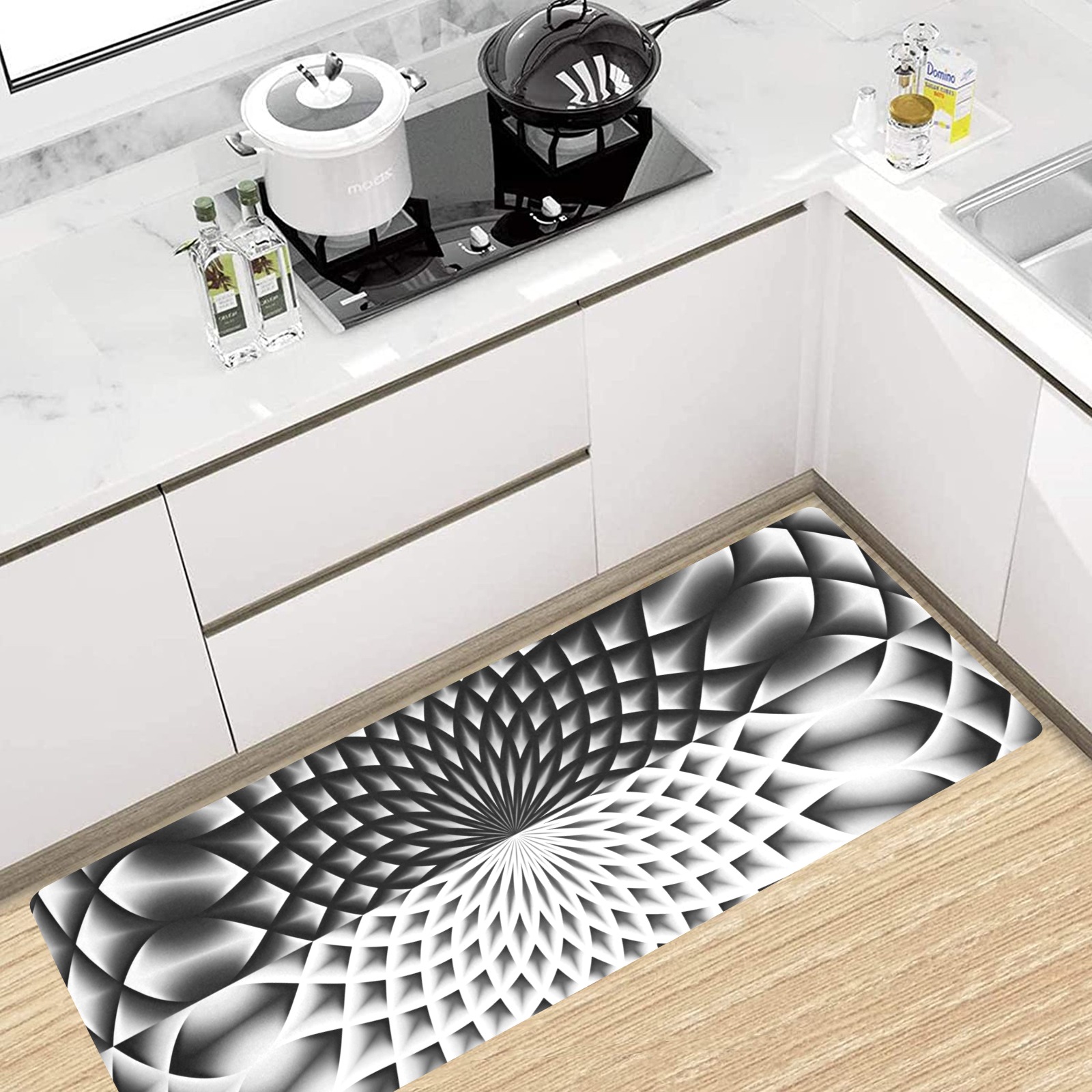 Lotus Flower Mandala Black Grey White Kitchen Mat 48"x17"