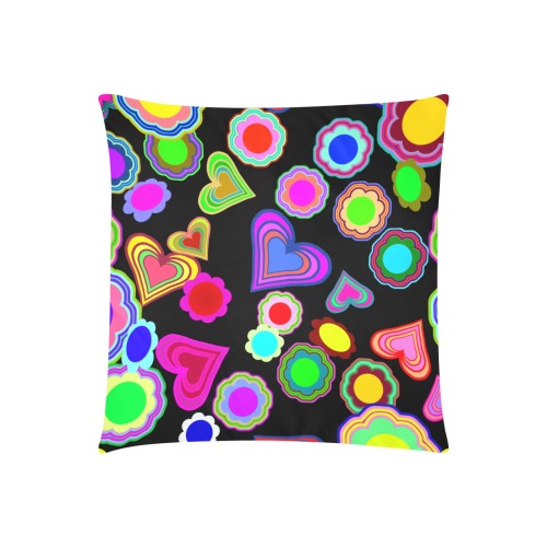 Groovy Hearts Flowers Pattern Black Custom Zippered Pillow Cases 20"x20" (Two Sides)