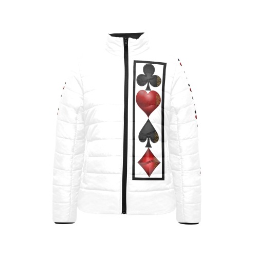 Black and Red Playing Card Shapes / White Women's Stand Collar Padded Jacket (Model H41)