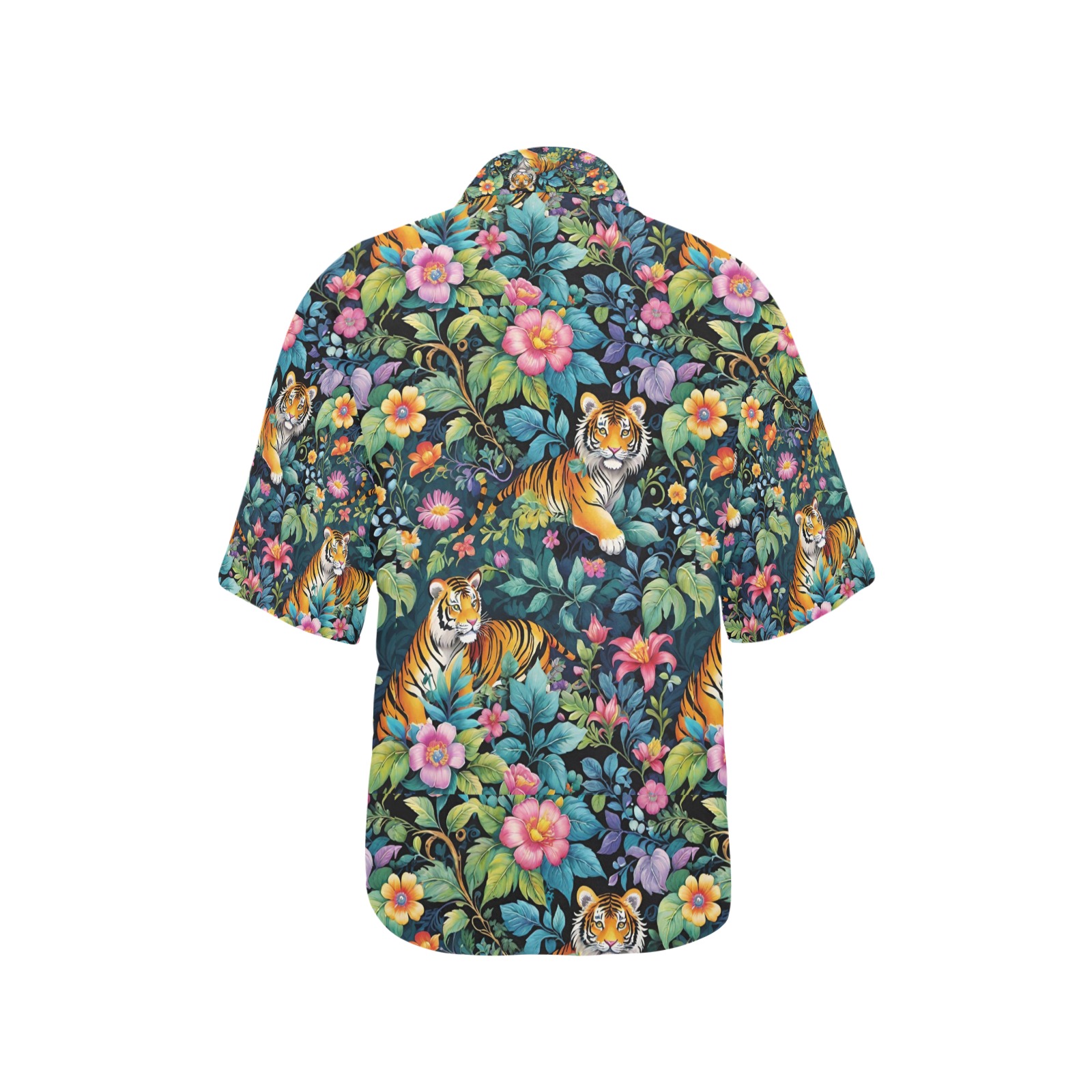 Jungle Tigers and Tropical Flowers Pattern All Over Print Hawaiian Shirt for Women (Model T58)
