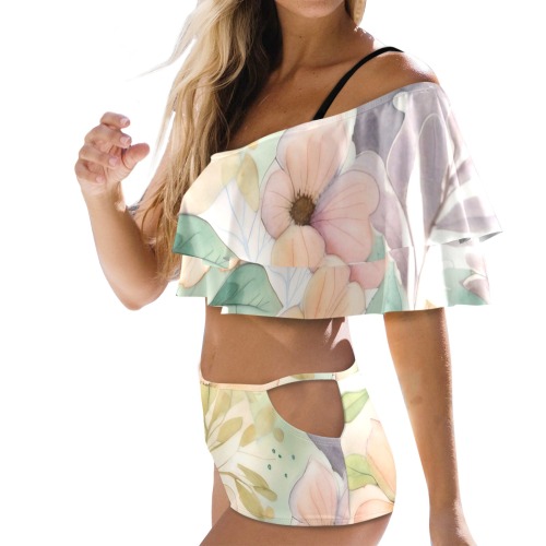 Watercolor Floral 1 Women's Ruffle Off Shoulder Bikini Swimsuit (Model S45)