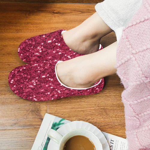 Magenta dark pink red faux sparkles glitter Women's Non-Slip Cotton Slippers (Model 0602)
