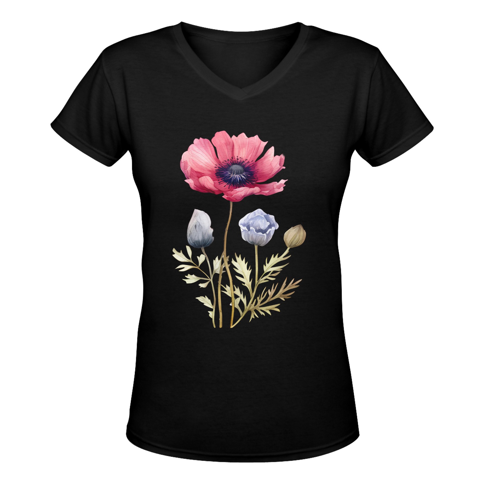Watercolor anemone flower beautiful Women's Deep V-neck T-shirt (Model T19)