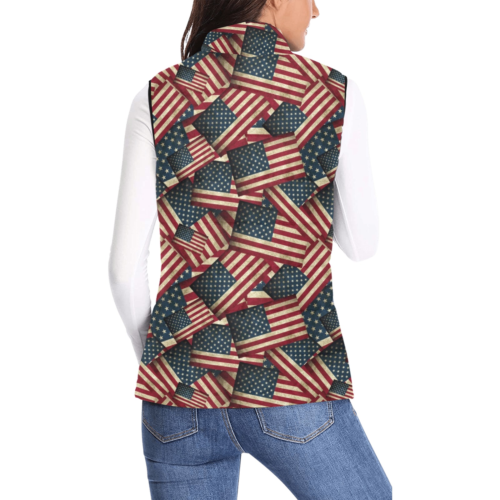 Patriotic USA American Flag Art Women's Padded Vest Jacket (Model H44)
