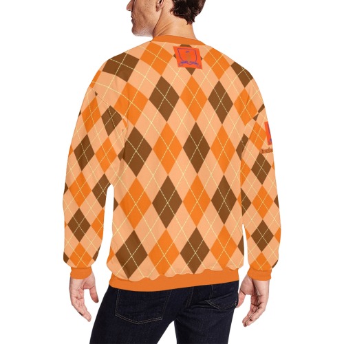 DIONIO Clothing - Argyle Orange & Brown Diamond Sweatshirt(Orange Lightning Logo) Men's Oversized Fleece Crew Sweatshirt (Model H18)