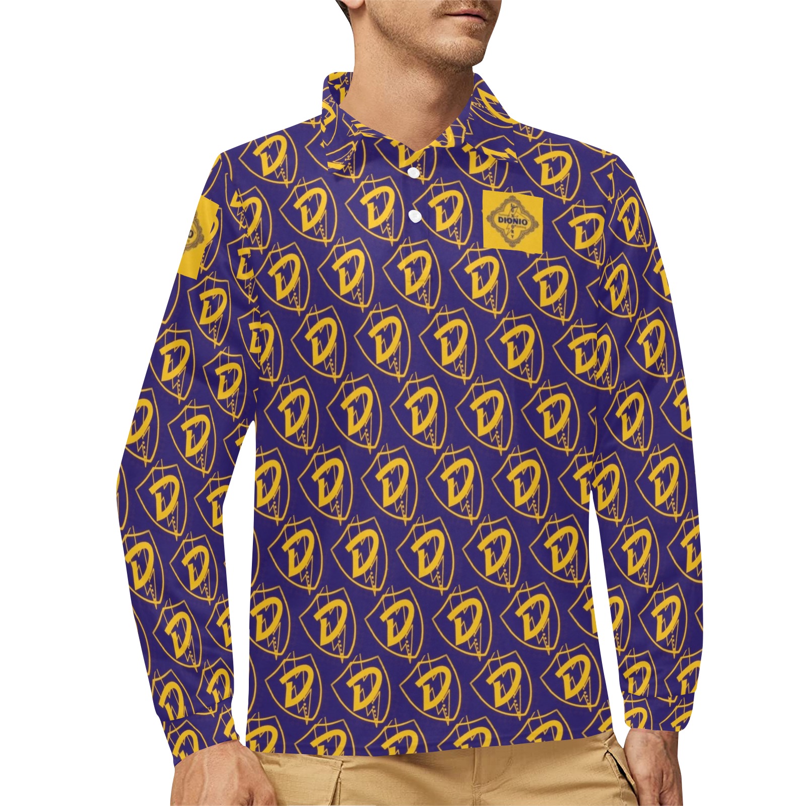DIONIO Clothing - D Shield Repeat Long Sleeve Purple & Gold Polo Shirt Men's Long Sleeve Polo Shirt (Model T73)