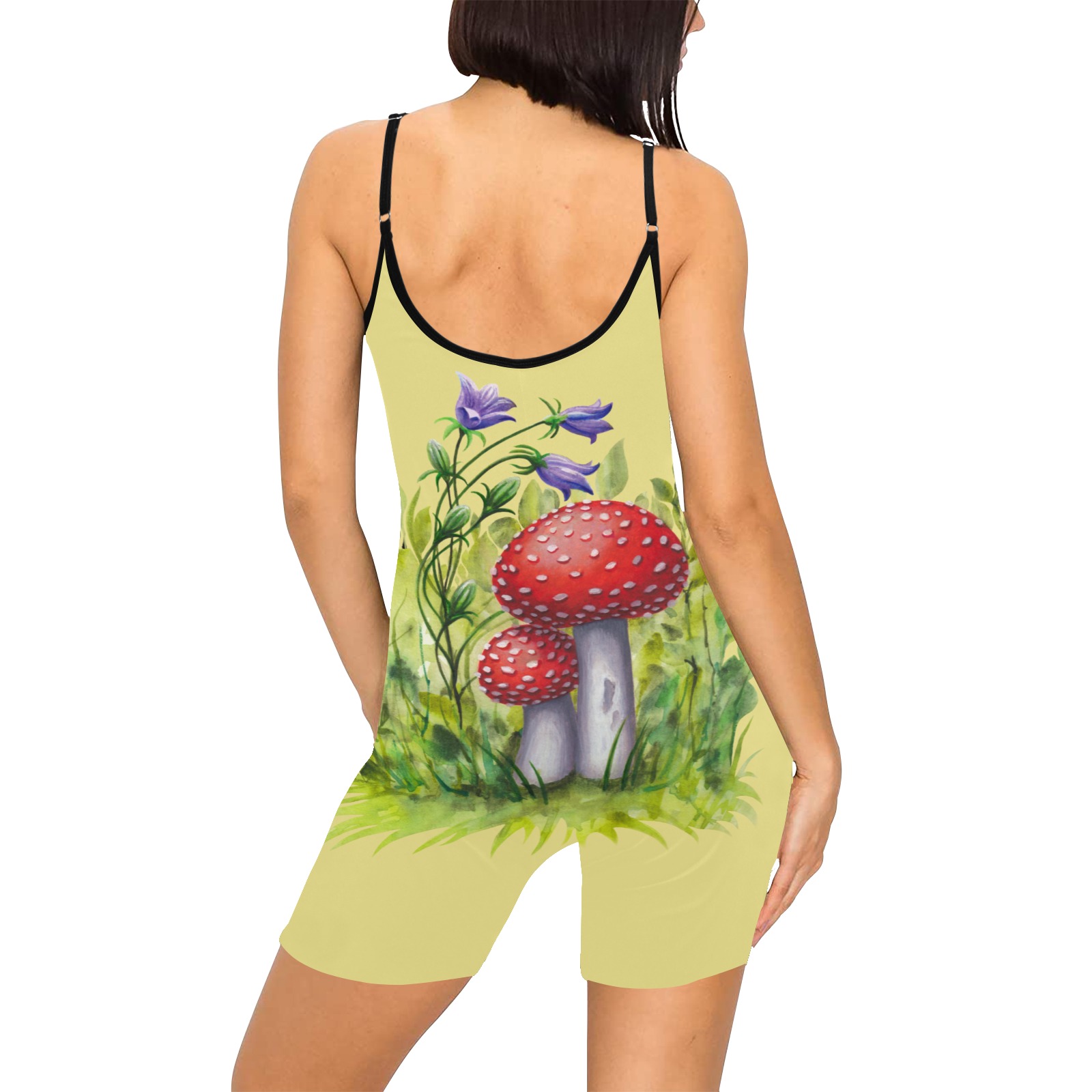 Red Mushroom Violet Flower Floral Watercolors on yellow Women's Short Yoga Bodysuit