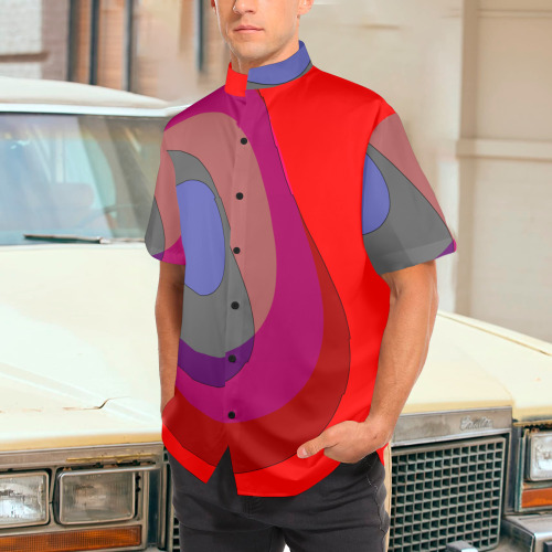 Red Abstract 714 Men's Stand-Up Collar Short Sleeve Shirt