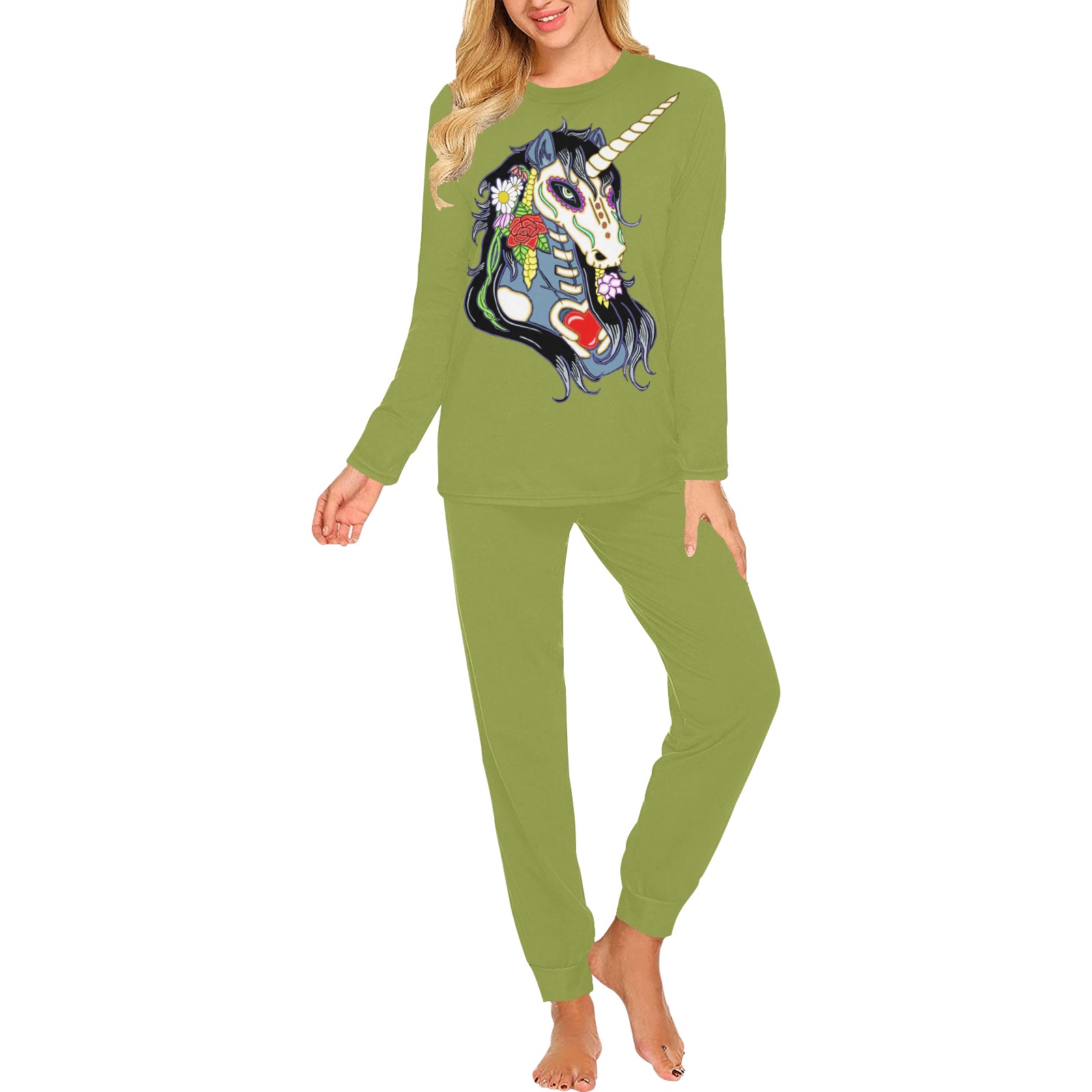Spring Flower Unicorn Skull Olive Green Women's All Over Print Pajama Set