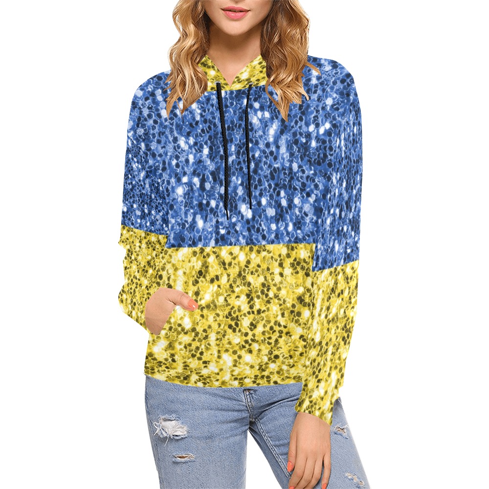Blue yellow Ukraine flag glitter faux sparkles All Over Print Hoodie for Women (USA Size) (Model H13)