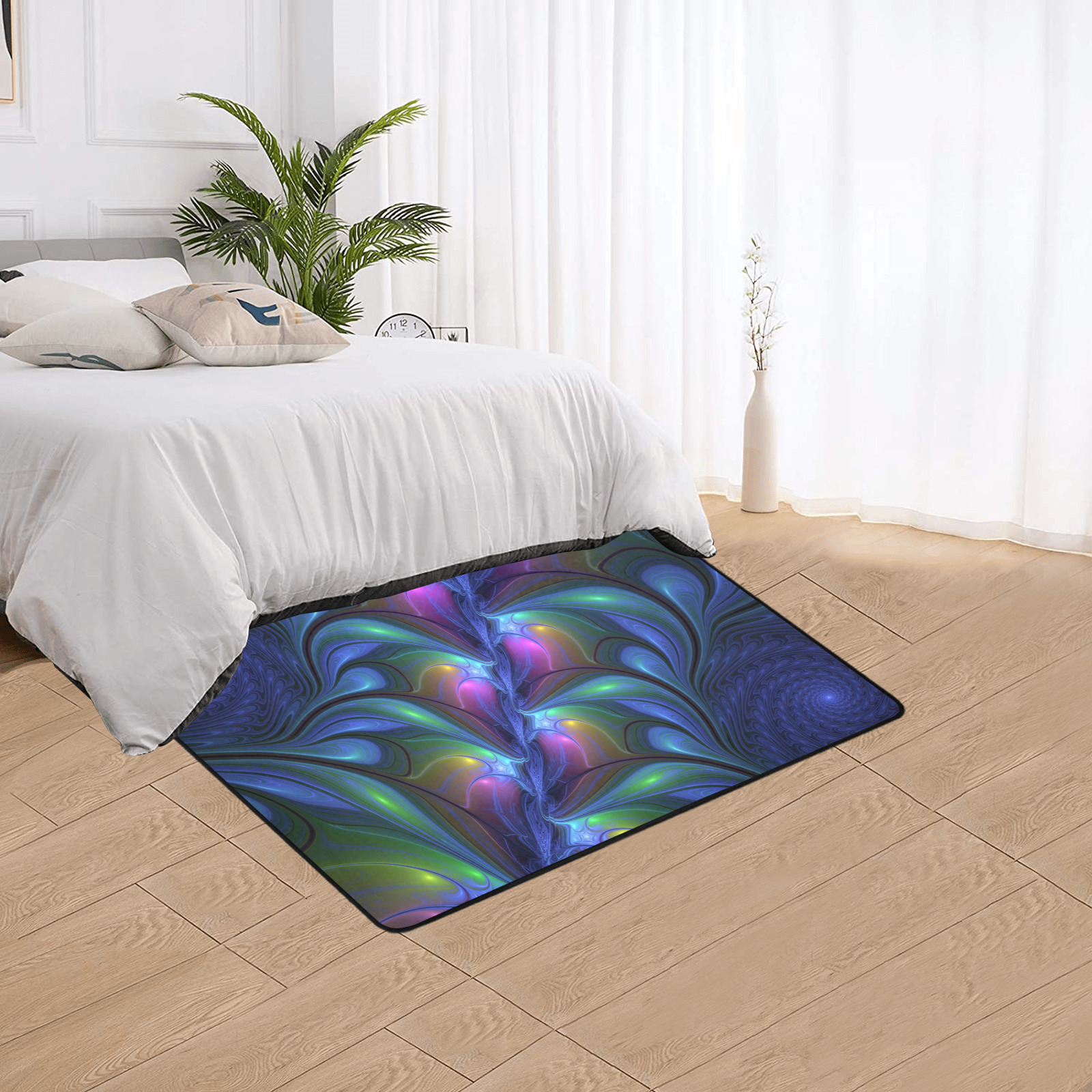 Colorful Luminous Abstract Blue Pink Green Fractal Area Rug with Black Binding 5'x3'3''