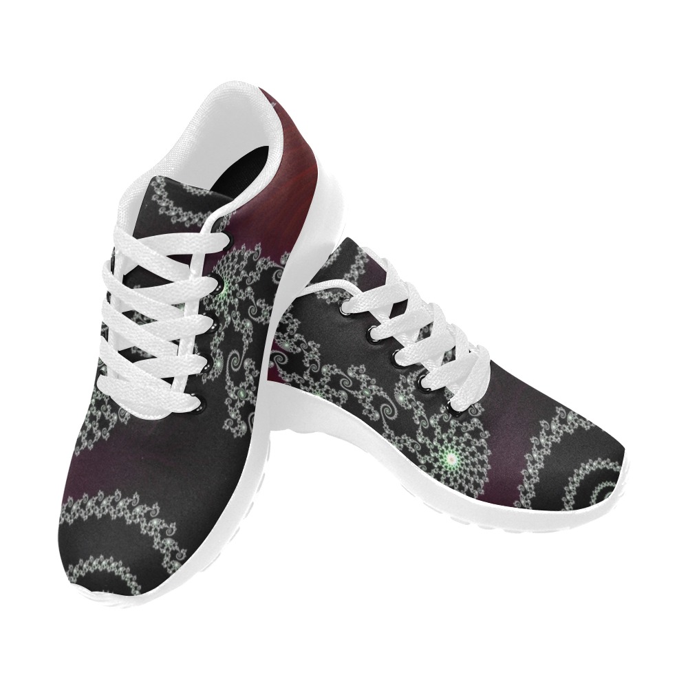 Black and White Lace on Maroon Velvet Fractal Abstract Women’s Running Shoes (Model 020)