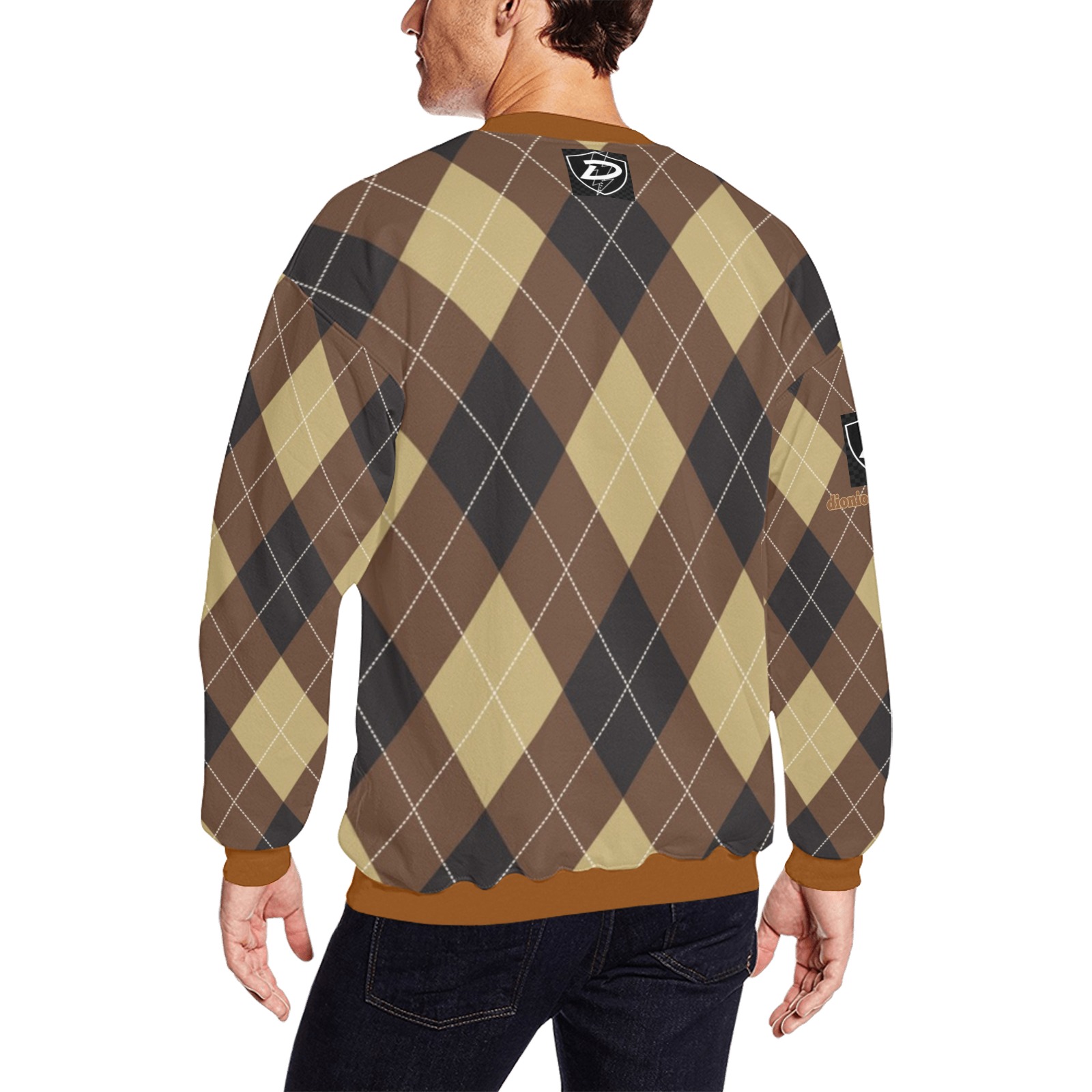 DIONIO Clothing - Argyle Brown & Badge Diamond Sweatshirt (Black D-Shield Logo) Men's Oversized Fleece Crew Sweatshirt (Model H18)