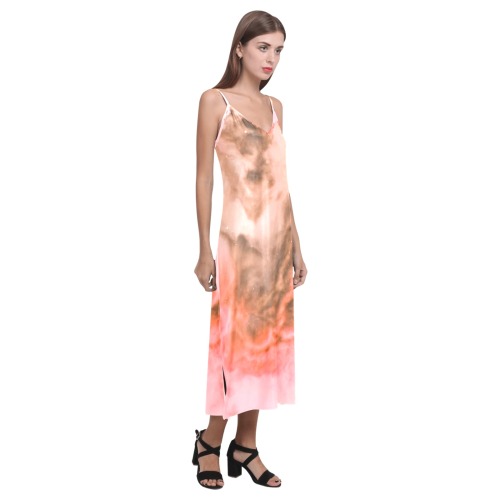 Pink marbled space 01 V-Neck Open Fork Long Dress(Model D18)