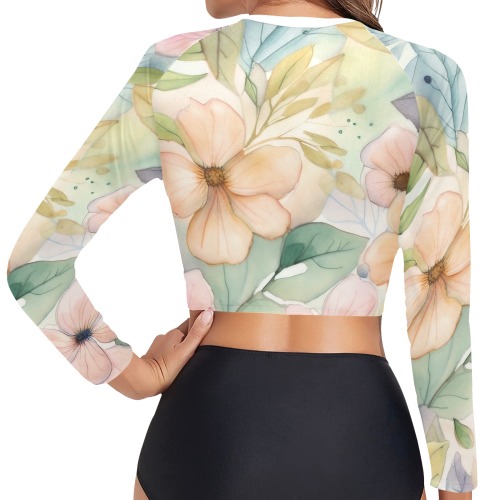 Watercolor Floral 1 Long Sleeve Bikini Top (Model S27)