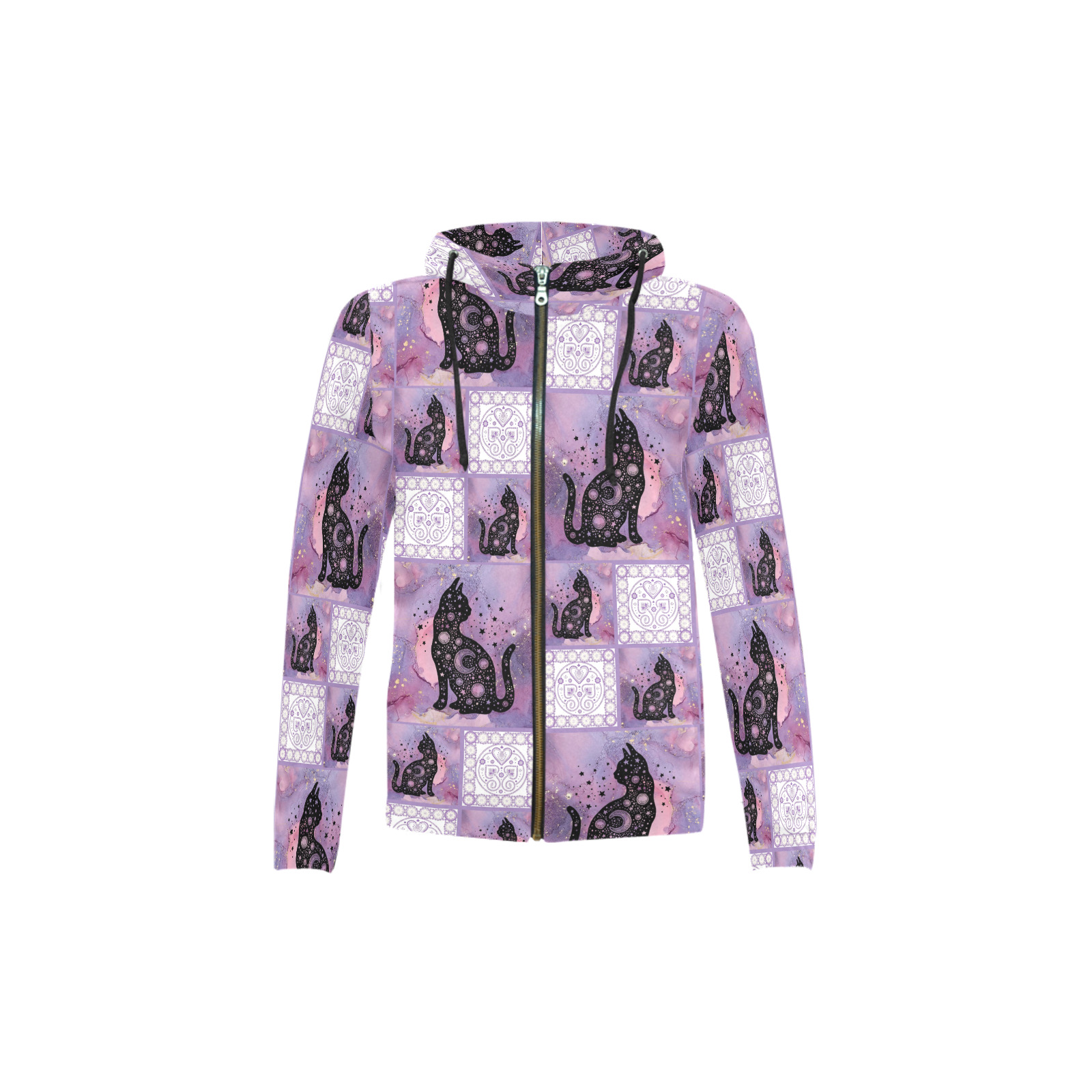 Purple Cosmic Cats Patchwork Pattern All Over Print Full Zip Hoodie for Kid (Model H14)