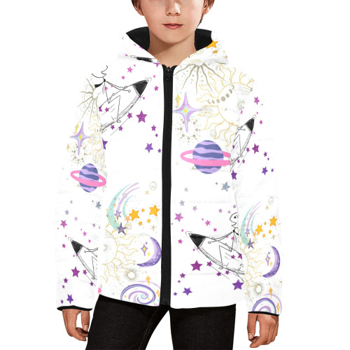 Time and Spaceman Patchwork Pattern Kids' Padded Hooded Jacket (Model H45)