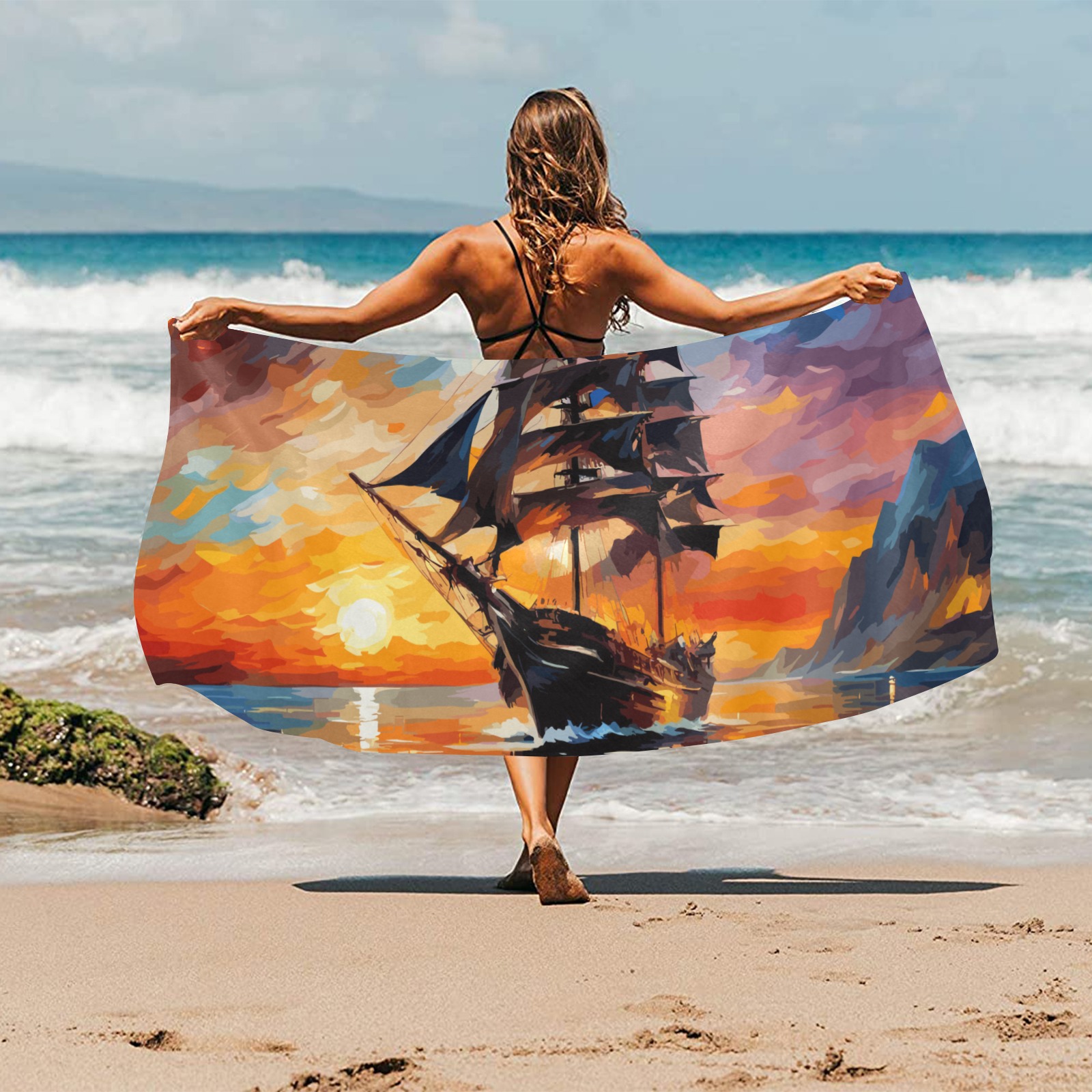 Cool pirate ship by the island at dramatic sunset. Beach Towel 32"x 71"