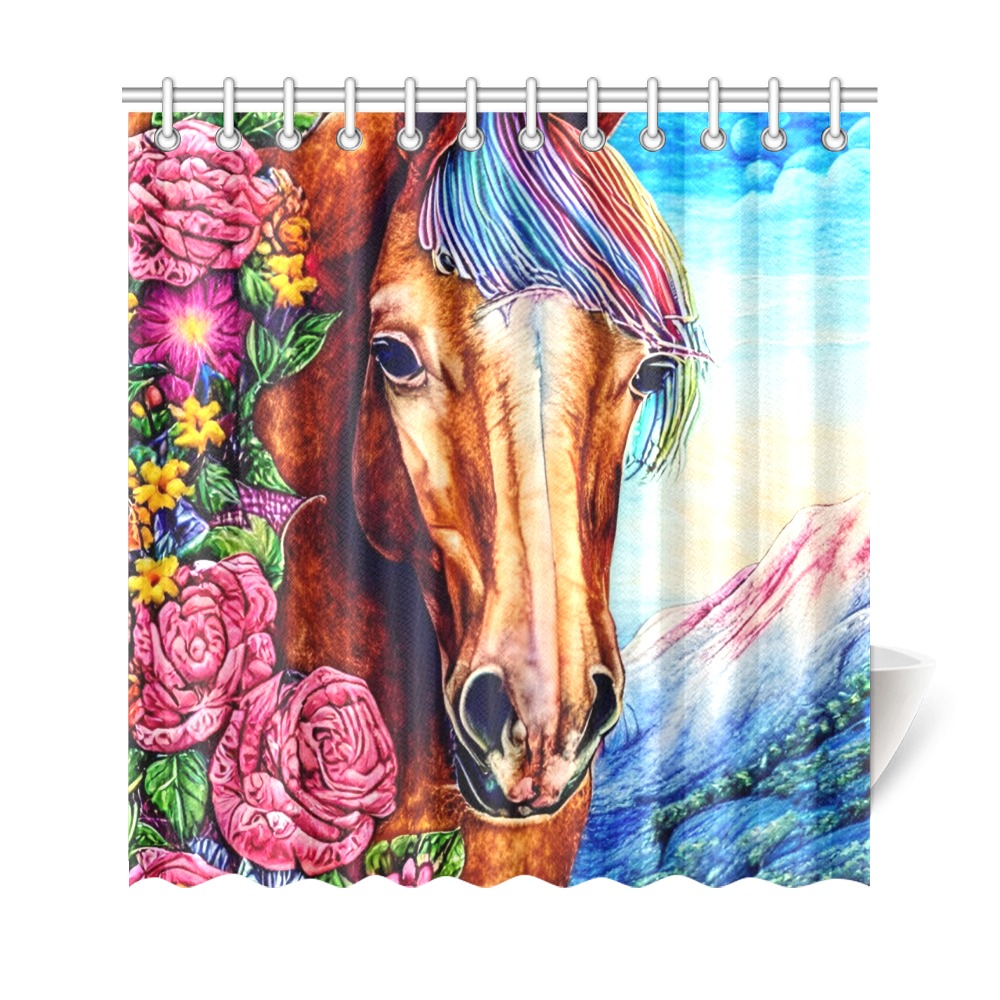 Boho Simulated Quilt Horse Artwork Shower Curtain 69"x72"