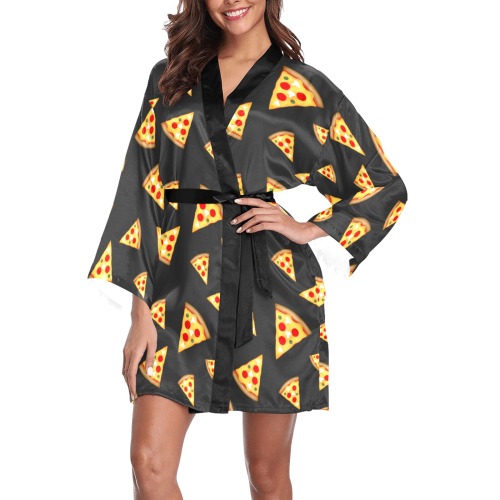 Cool and fun pizza slices dark gray pattern Long Sleeve Kimono Robe