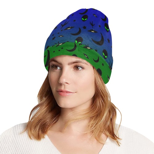 Aliens and Spaceships - Blue / Green All Over Print Beanie for Adults