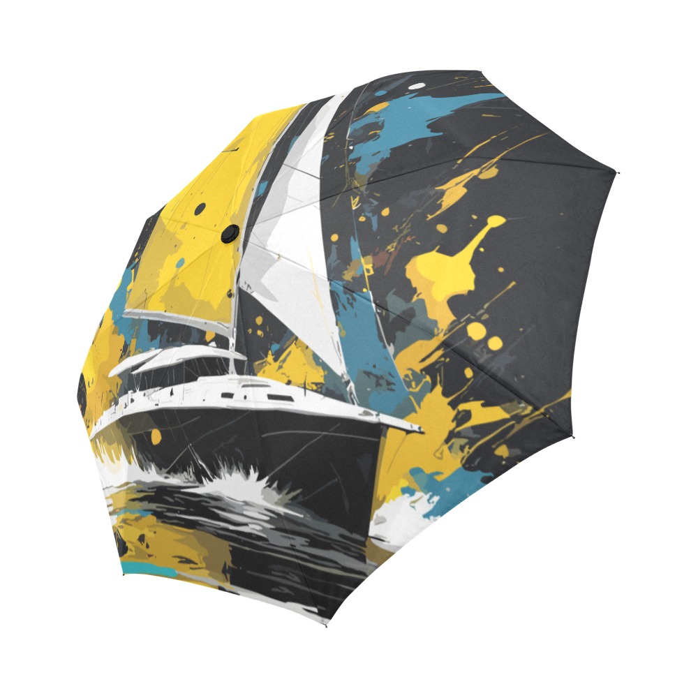 Fantasy sail boat. Yellow, turquoise, white, black Auto-Foldable Umbrella (Model U04)