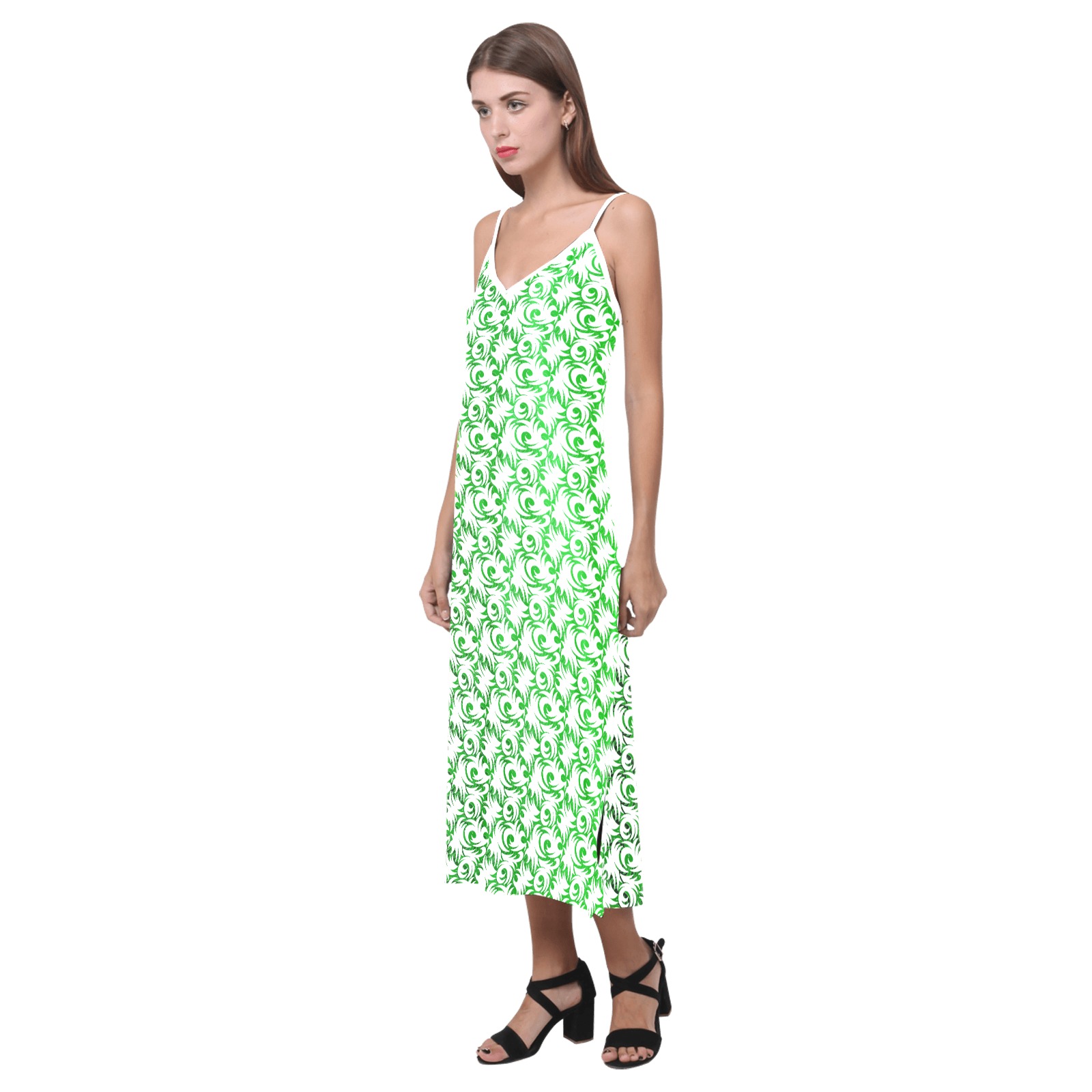 green swirl V-Neck Open Fork Long Dress(Model D18)