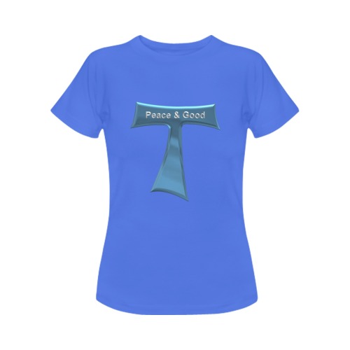 Franciscan Tau Cross Peace and Good  Blue Metallic Women's T-Shirt in USA Size (Front Printing Only)