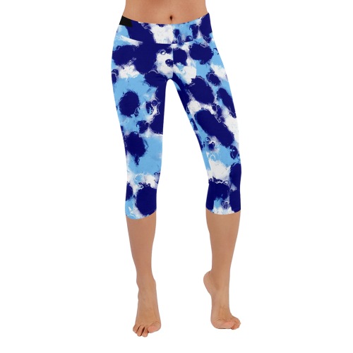 Light Blue, Navy and White Abstract Women's Low Rise Capri Leggings (Invisible Stitch) (Model L08)