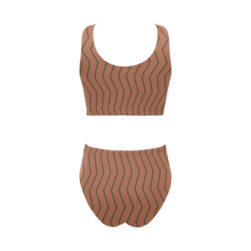 Tan brown with olive green chevron vertical lines pattern Chest Bowknot Bikini Swimsuit (Model S33)