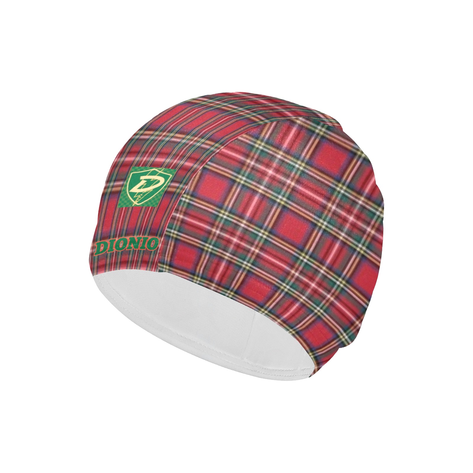 DIONIO Clothing - Red & Green Plaid Swim Cap (Green D Shield Logo) Swim Cap