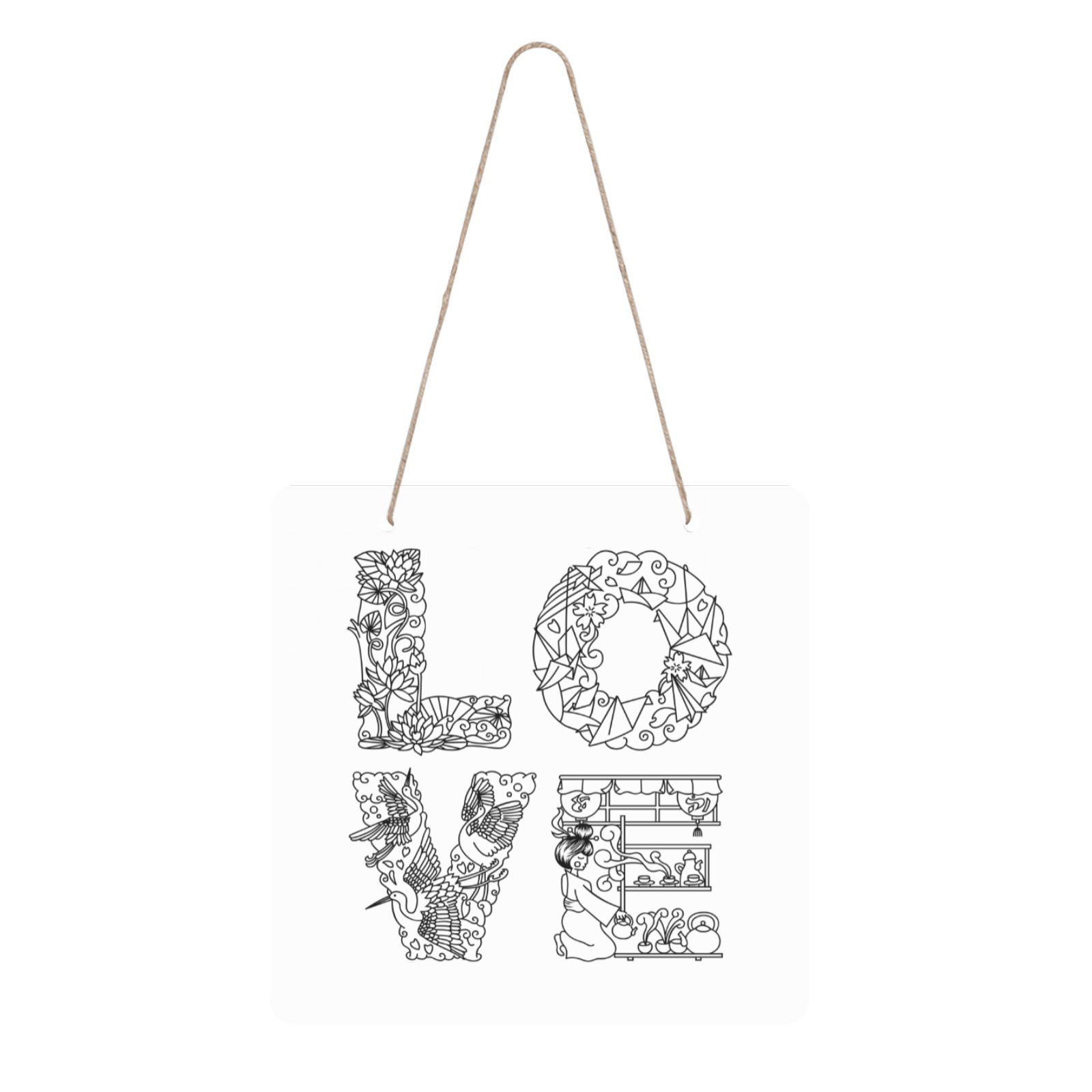 Word LOVE made of decorative Japanese-themed font. Square Wood Door Hanging Sign