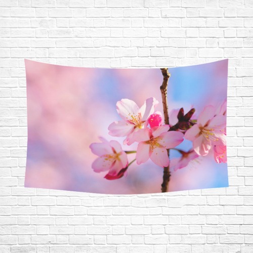 Sakura cherry blossom. Pink and blue spring art.