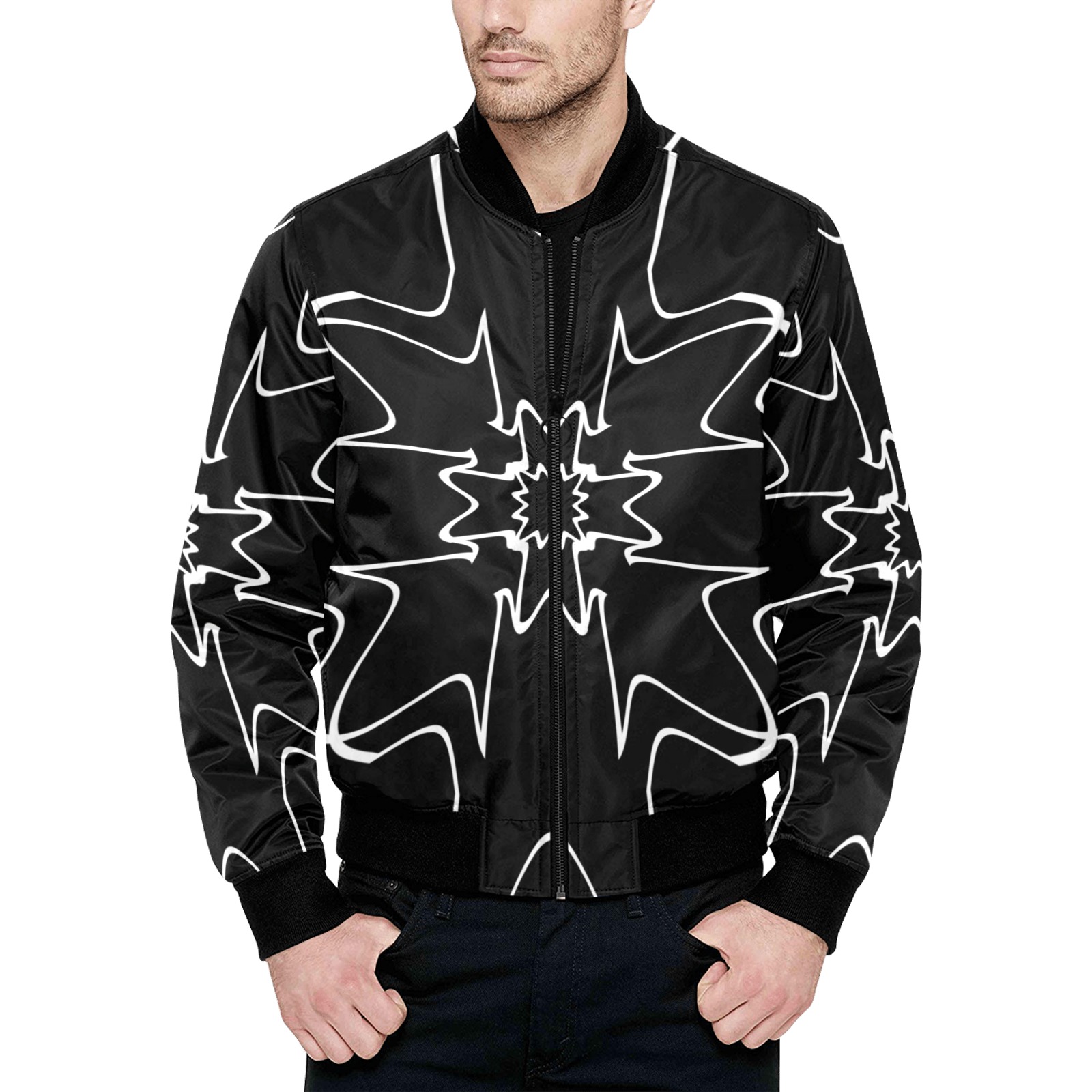 White Interlocking Crosses Starred black All Over Print Quilted Bomber ...