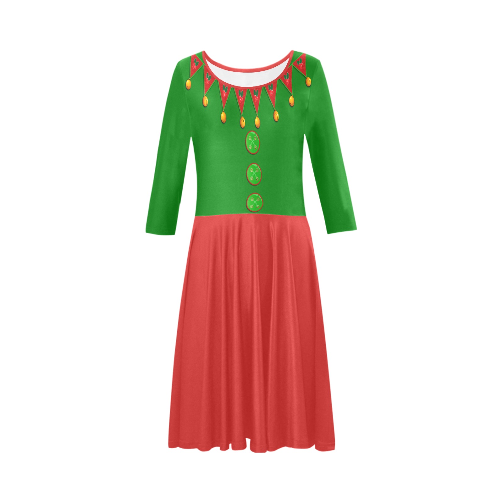 Green Red Elf Costume Tethys Half-Sleeve Skater Dress(Model D20)