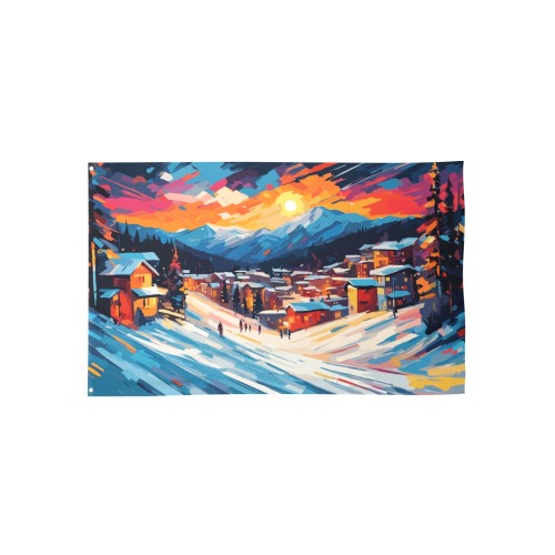 Winter sunset over the skiing resort colorful art House Flag 56"x34.5"