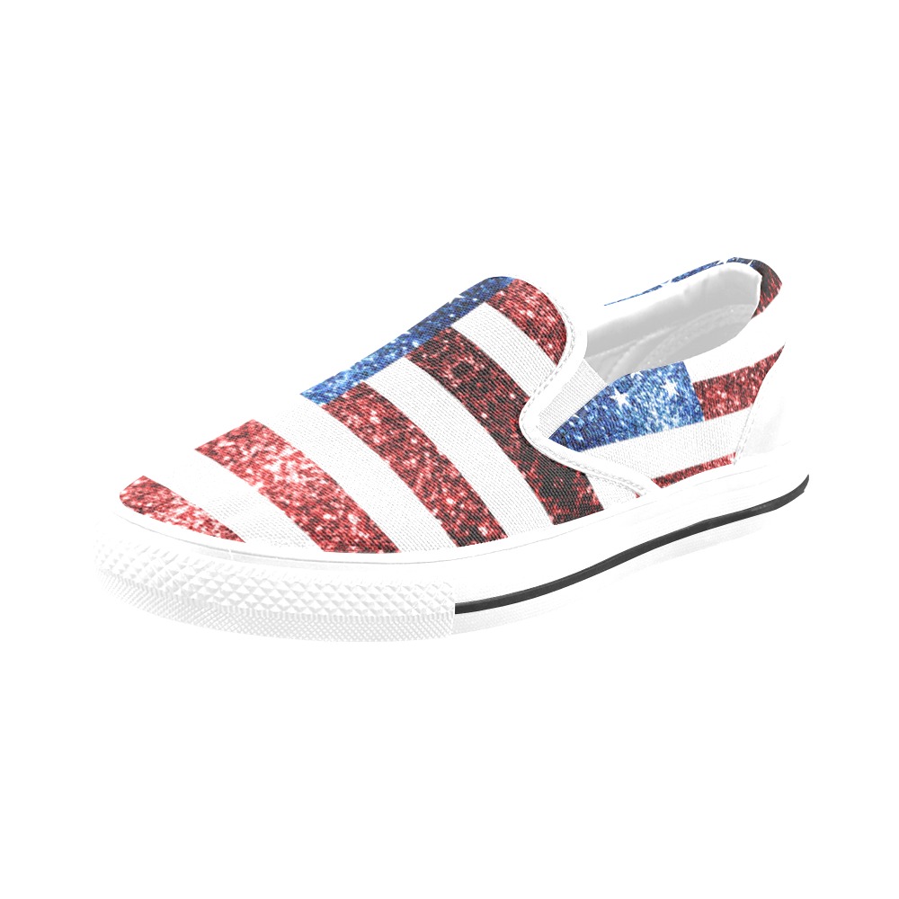 Sparkly USA flag America Red White Blue faux Sparkles patriotic bling 4th of July Women's Slip-on Canvas Shoes (Model 019)