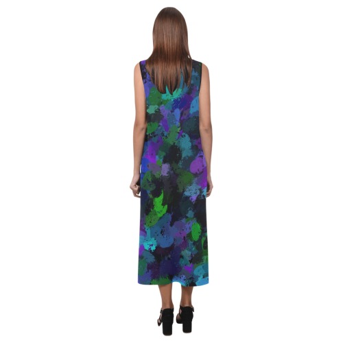 Purple, Black and Blue Abstract Phaedra Sleeveless Open Fork Long Dress (Model D08)