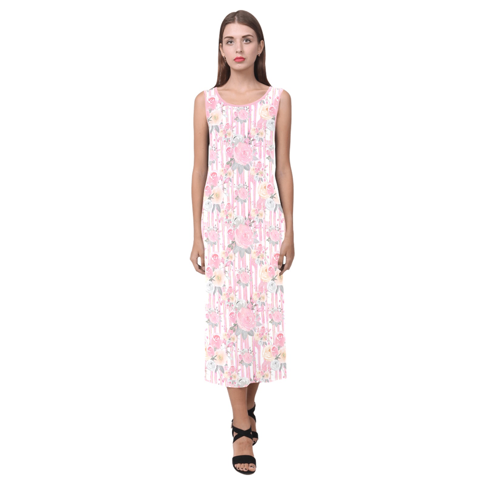 Spring Pink Roses Phaedra Sleeveless Open Fork Long Dress (Model D08)
