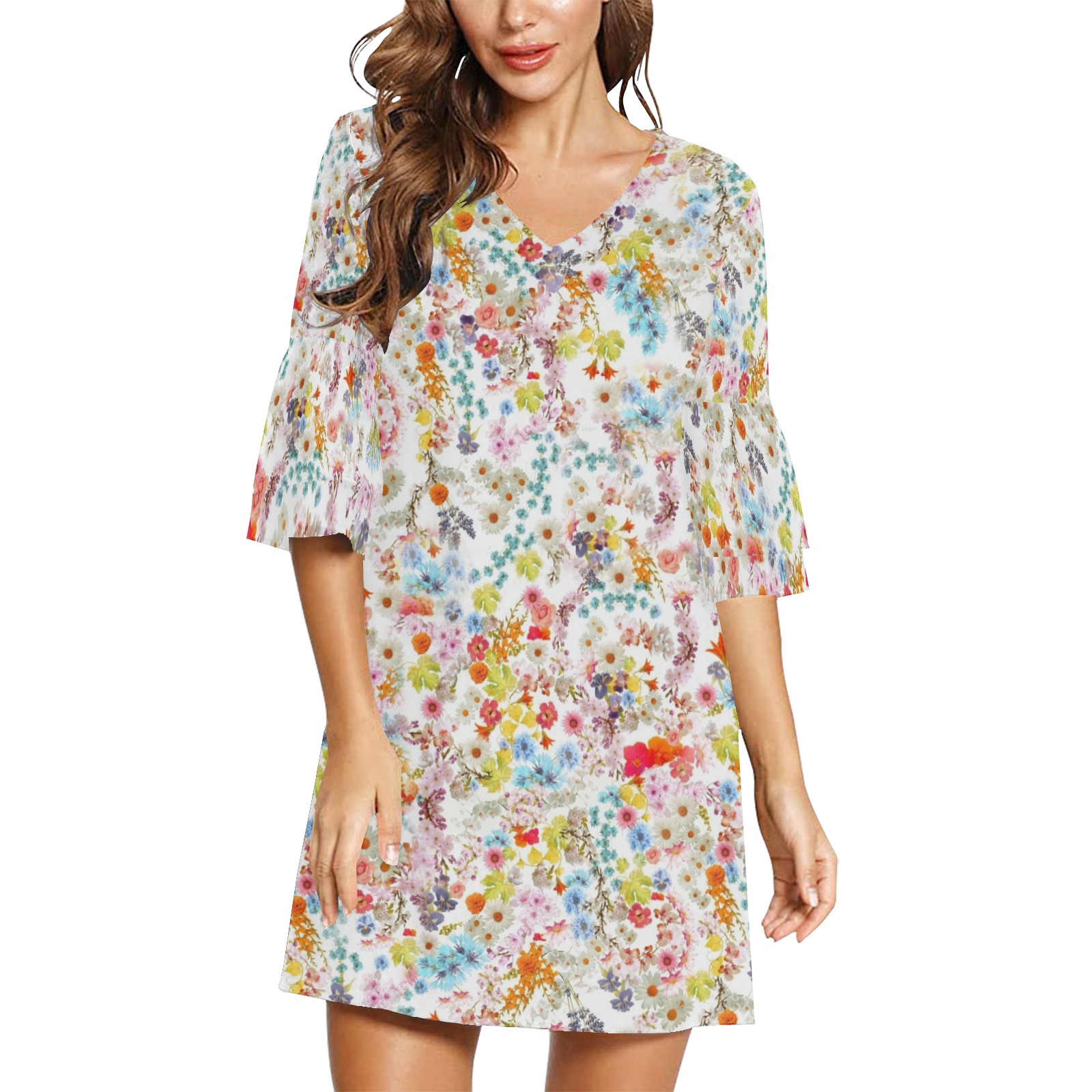 Women's Floral A-Line Tiered Dress - V-Neck Half Sleeve Summer Dress For Concerts & Beach