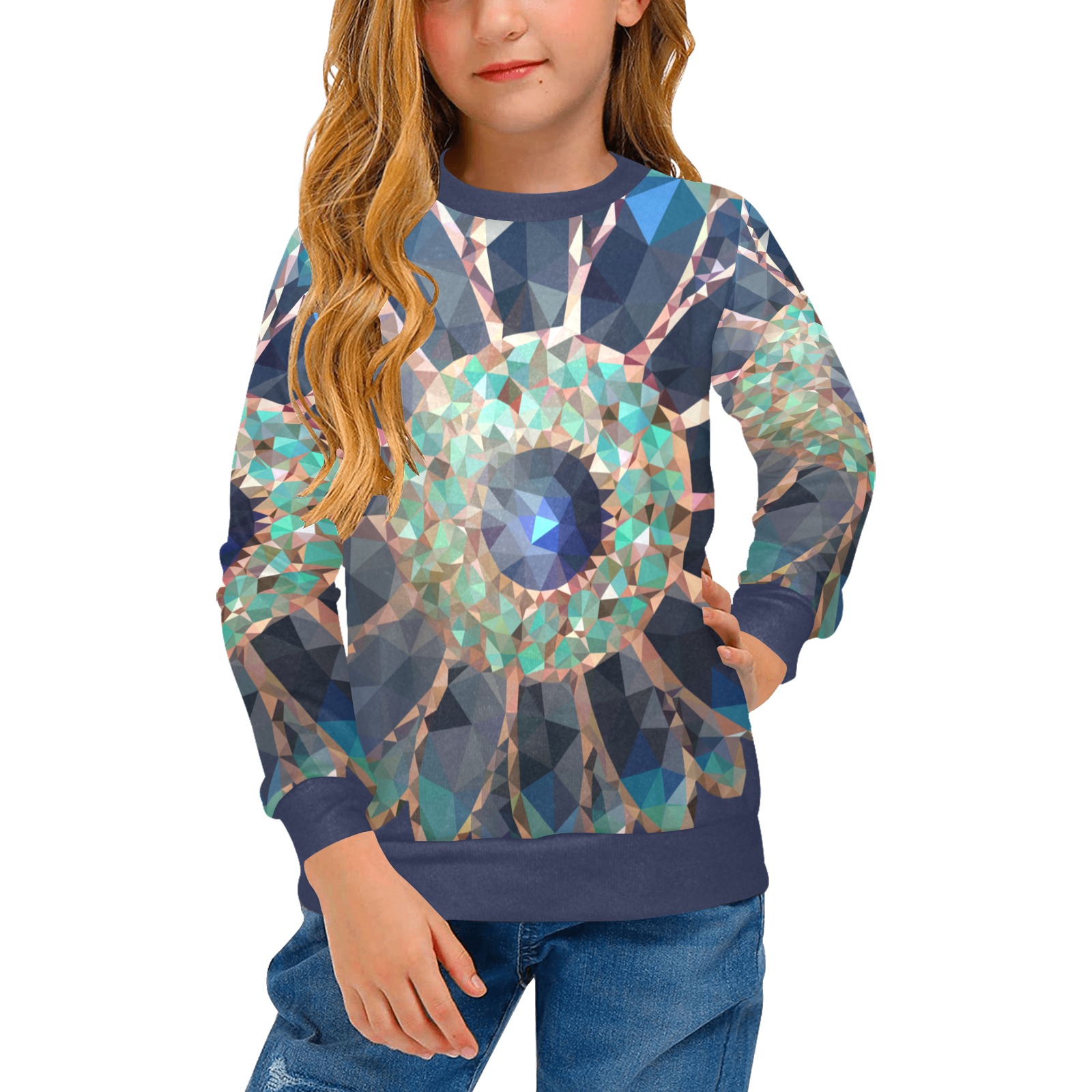 Mosaik Flower Blue and Green Abstract Floral Girls' All Over Print Crew Neck Sweater (Model H49)