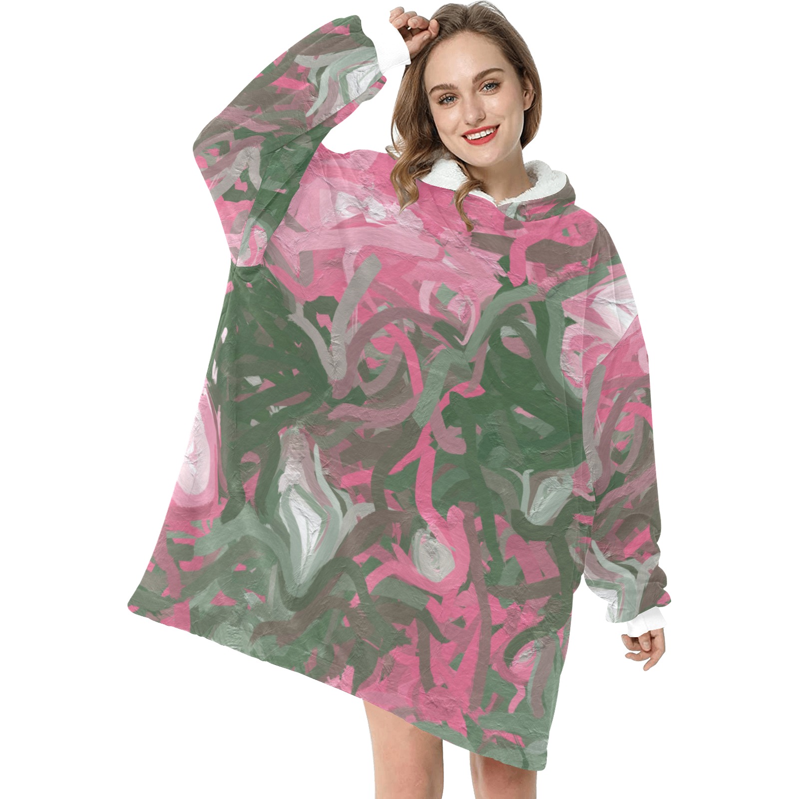 Pink, White and Green Abstract Blanket Hoodie for Women