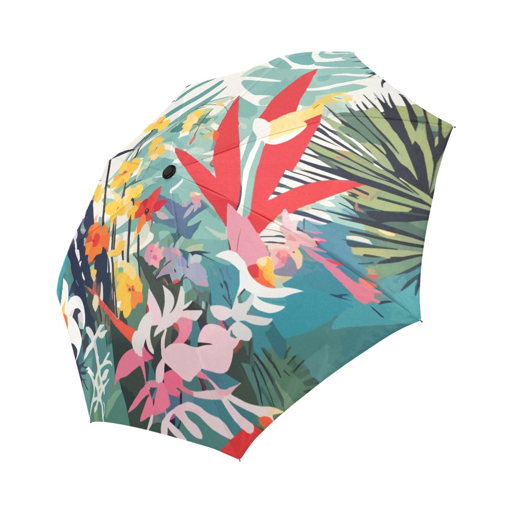 Tropical plants and flowers on beige abstract art. Auto-Foldable Umbrella (Model U04)