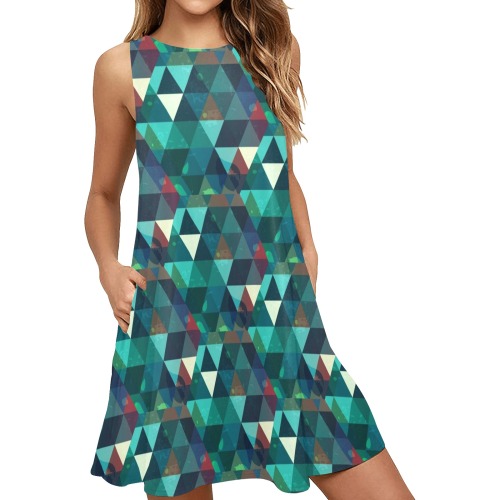 Trendy Colorful Triangles Sleeveless A-Line Pocket Dress (Model D57)