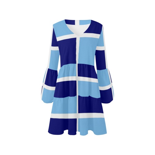 Light Blue and Navy Squares V-Neck Loose Fit Dress (Model D62)