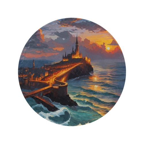 Dark fantasy city by the ocean at sunset cool art. Circular Ultra-Soft Micro Fleece Blanket 60"