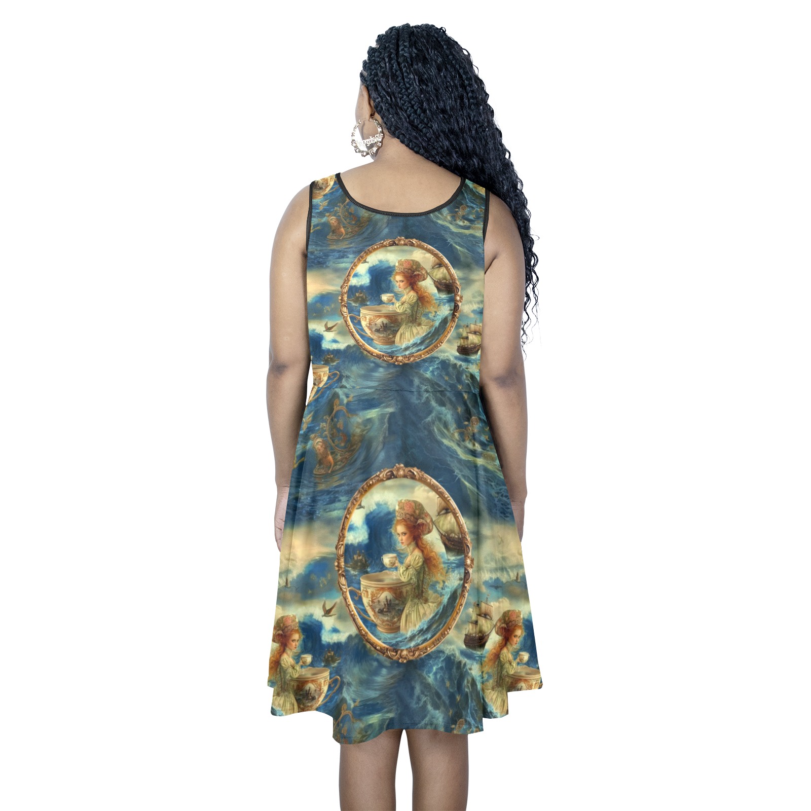 Teacup Sea Monster Blue Sleeveless Expansion Dress (Model D60)