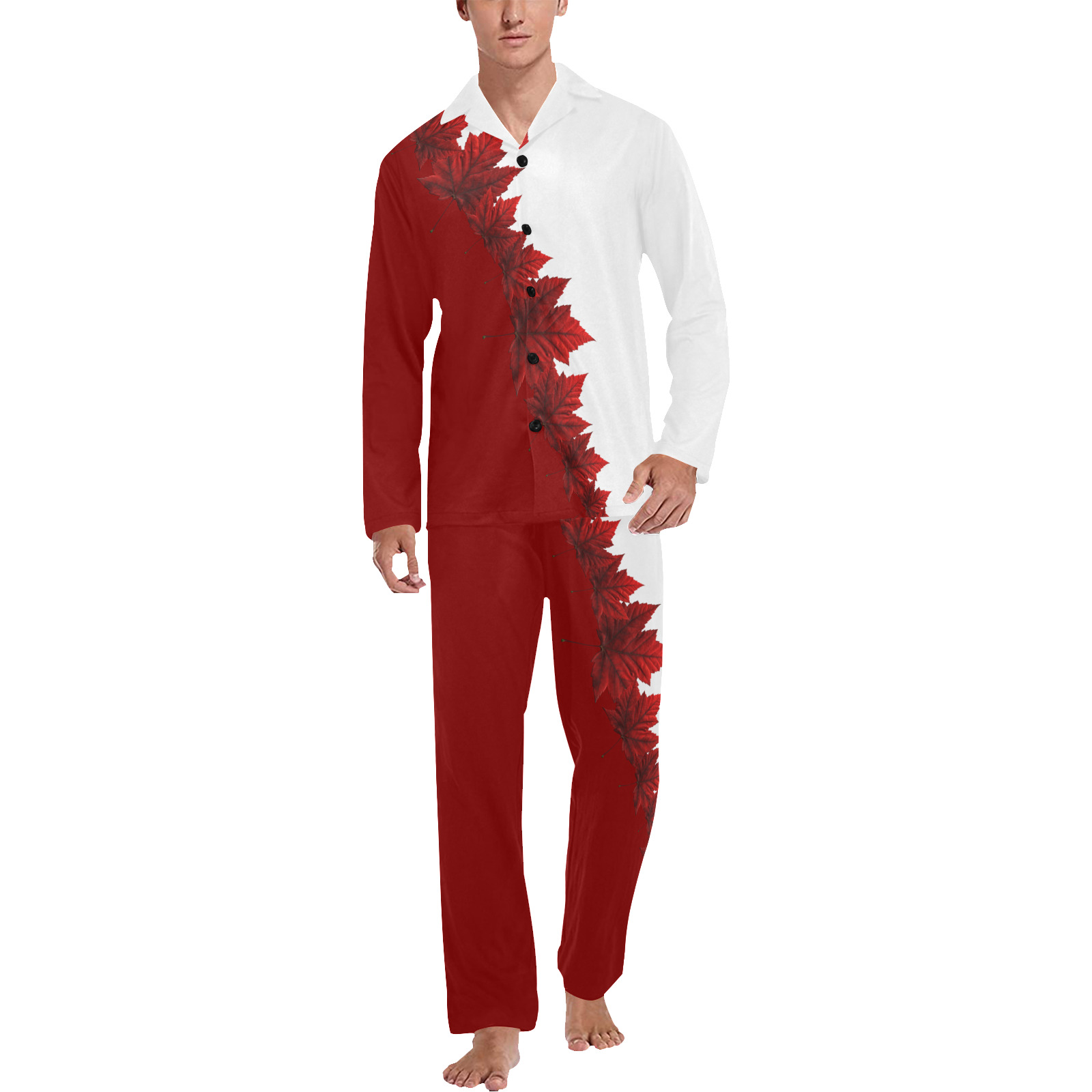 Canada Maple Leaf Men's V-Neck Long Pajama Set