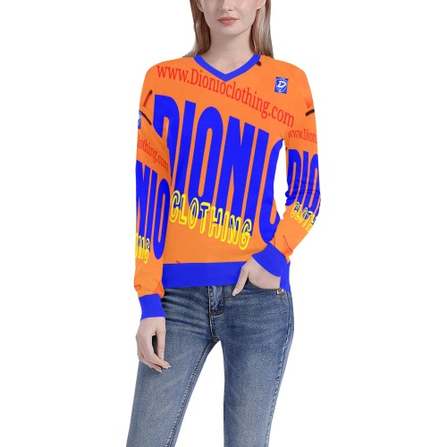 DIONIO Clothing - Women's V-Neck Sweater (Orange & Blue Logo) Women's All Over Print V-Neck Sweater (Model H48)